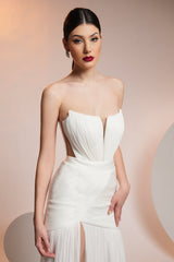 Rochie de seara lunga din fronseuri din matase si slit frontal Ivanka CA582