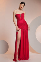 Rochie de seara lunga din fronseuri din matase si slit frontal Ivanka CA582