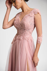 Rochie de seara realizata din tul italian 100% poliamida si broderie cu aplicatii Lucretia CA136